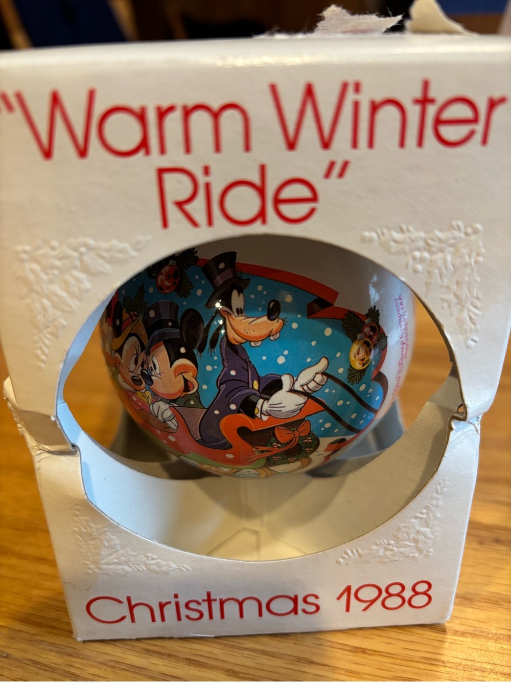 Schmid Disney “Warm Winter Ride” Glass Ball Ornament Vintage Christmas 1988